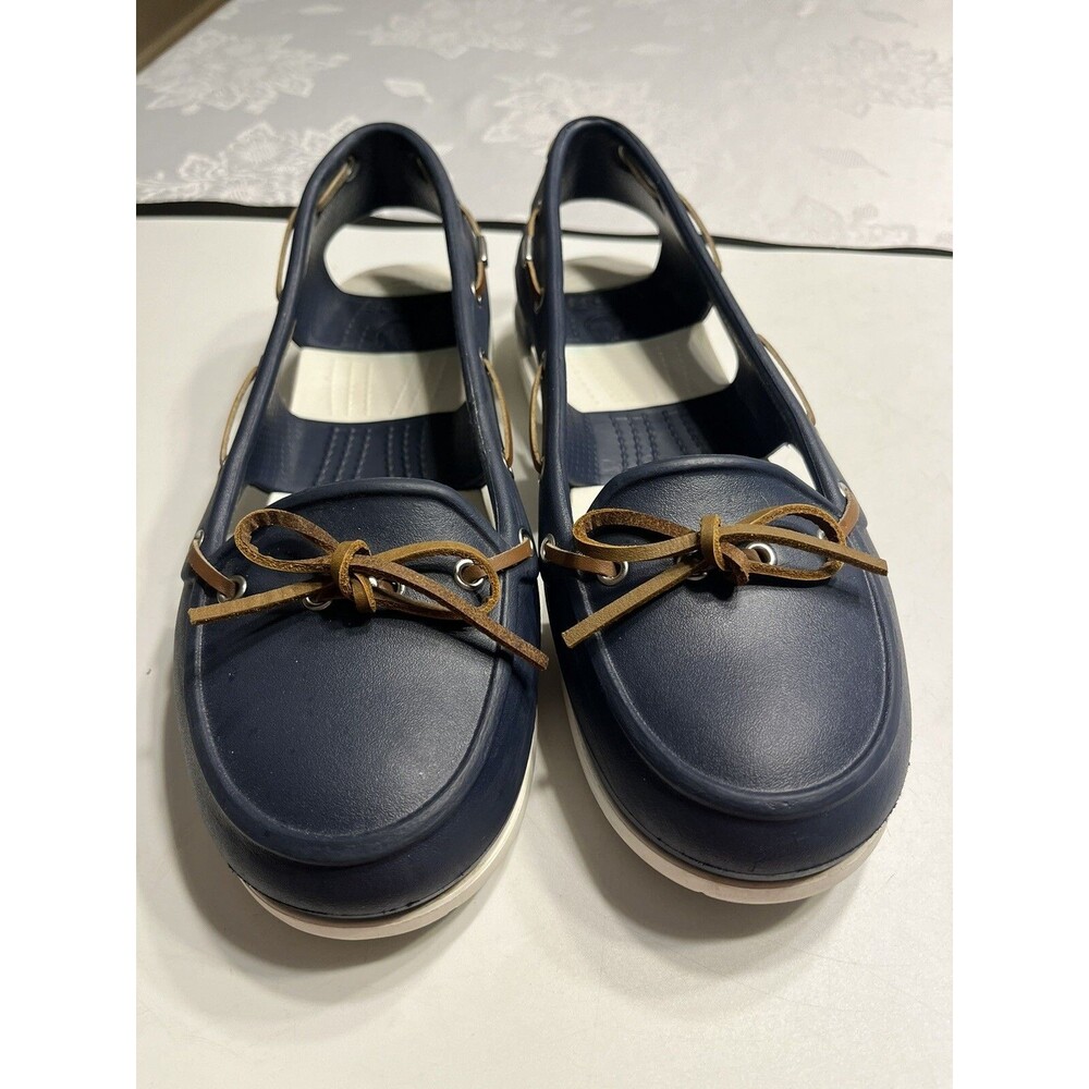 Crocs Beach Nautical Line Boat Navy White Slip On Loafer Leather Laces Sz 10